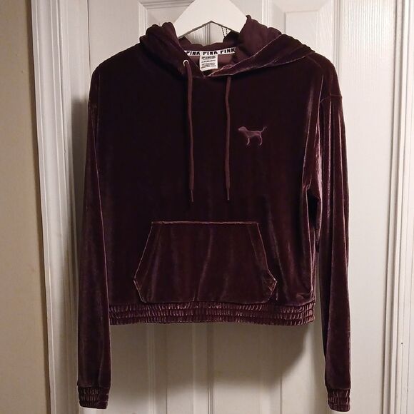 PINK Victoria's Secret Burgundy Velvet Hoodie Sz.XS - Picture 1 of 5